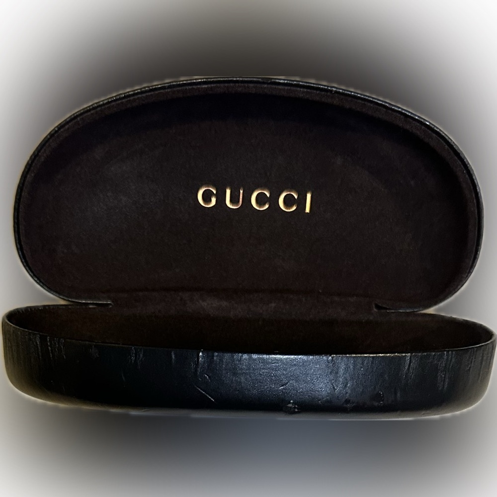 VTG GUCCI SUNGLASSES CASE LOGO HARD LEATHER CLAMSHELL BLACK CRESCENT EYE GLASSES
